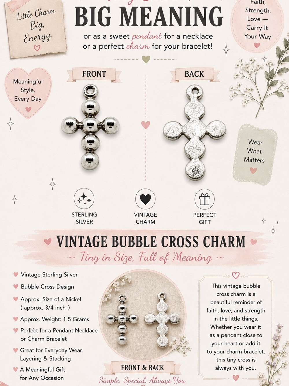 Vintage Bubble Cross Charm Pendant in Sterling Silver